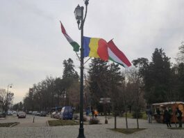 Román és Magyar zászlók Sepsiszentgyörgy főterén